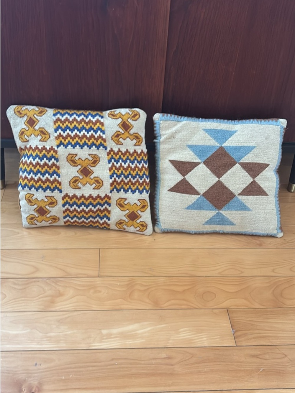 Handwoven Geometric Throw Pillow Covers - Blue, Brown, Mustard